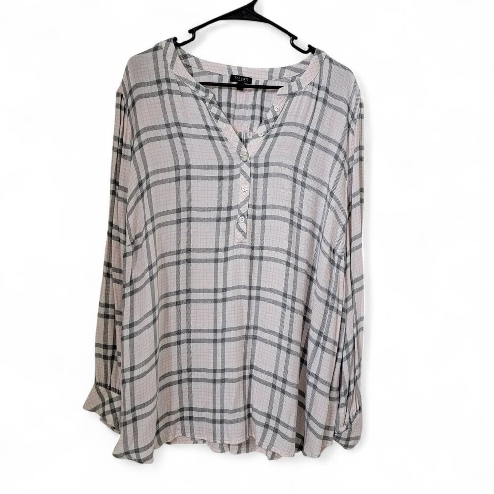 Talbots Plus Petite Size 3XP Gray Pink Windowpane Plaid Soft Knit Popover Blouse